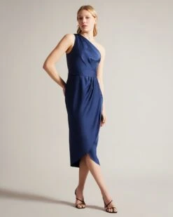 Ted Baker Gabie One Shoulder Drape Midi Dress, Dark Blue