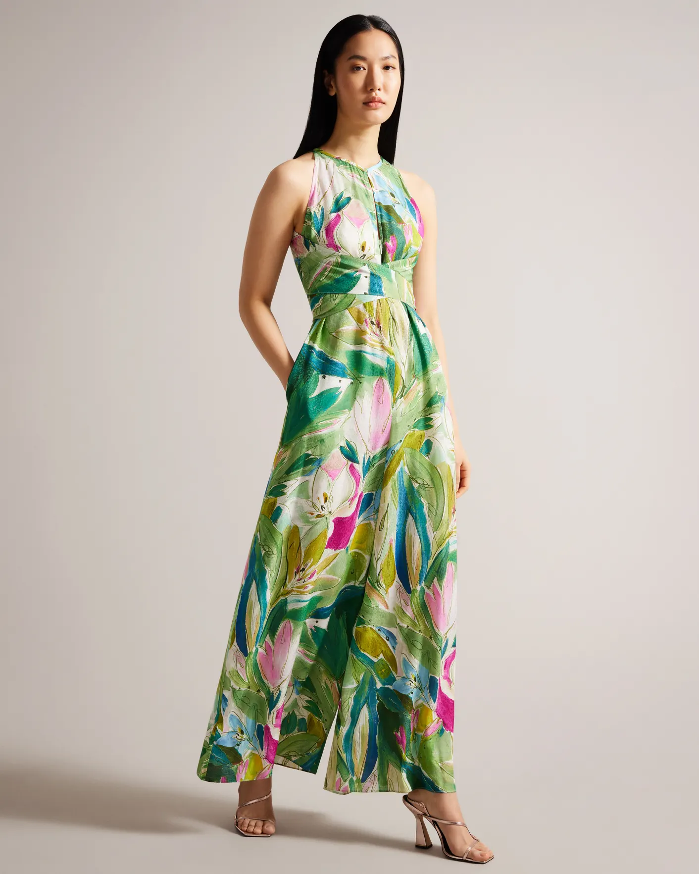 Ted Baker Rachily Halterneck Jumpsuit With Wrap Bodice Detail, Green/Multi 3 Ted Baker Rachily Halterneck Jumpsuit With Wrap Bodice Detail, Green/Multi