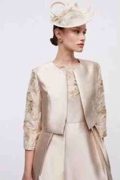 Coast Cropped Twill Jacket With Cutwork Lace Trim, Champagne