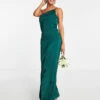 Vila Bridesmaid Satin Strappy One Shoulder Maxi Dress In Deep Green -Threadnee Shop vila bridesmaid satin strappy one shoulder maxi dress in deep green