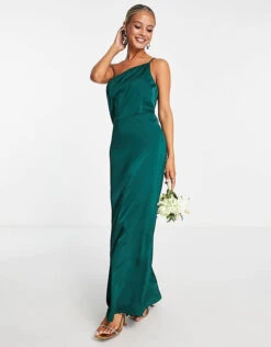 Vila Bridesmaid Satin Strappy One Shoulder Maxi Dress In Deep Green