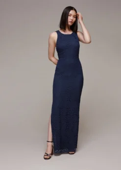 Whistles Lace Tie Back Maxi Bridesmaid Dress, Navy Blue