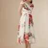 Coast Lisa Tan Bardot Dress In Organza, White/Red -Threadnee Shop white lisa tan bardot dress in organza