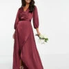 Y.A.S Bridesmaid Satin Wrap Midi Dress In Burgundy Red -Threadnee Shop y a s bridesmaid satin wrap midi dress in burgundy red
