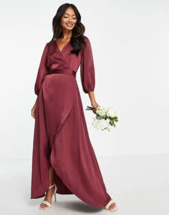 Y.A.S Bridesmaid Satin Wrap Midi Dress In Burgundy Red